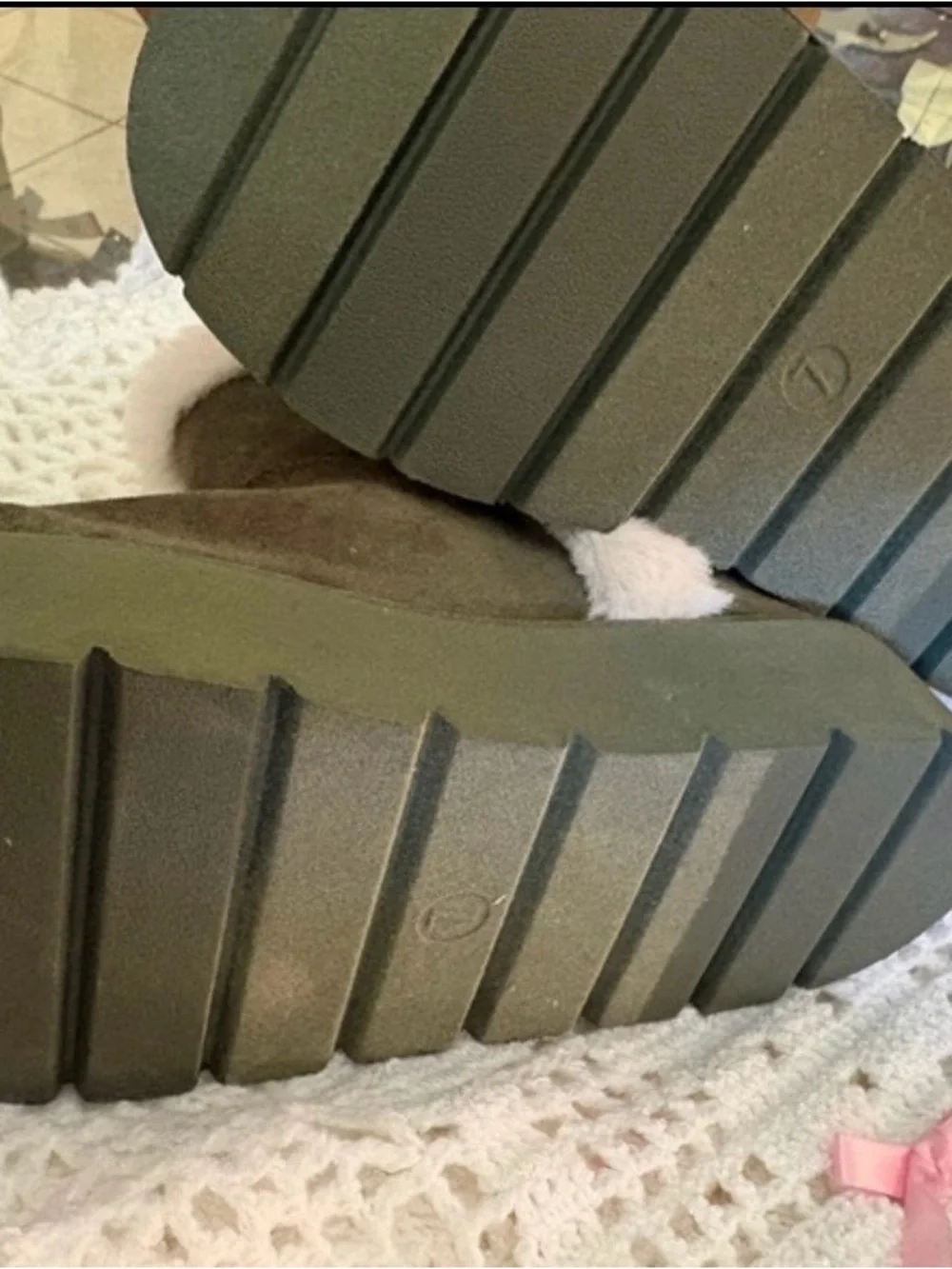 Time and Tru Olive Suede Ankle Booties with Cream Faux-Fur Cuff